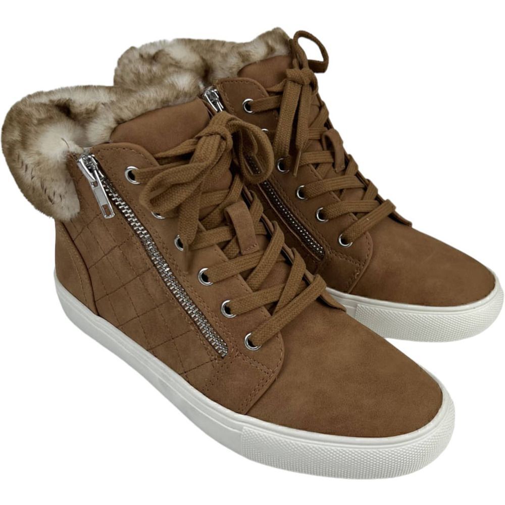 New Report Women US 7.5 Brown Shoes Fur High Top Sneakers Lace Up Zip Booties